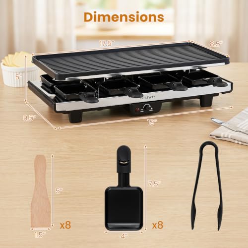 COSTWAY Raclette Grill for 8, 2-in-1 Table Grill, 1400W Electric Grill - size: 19” x 9.5” x 5”