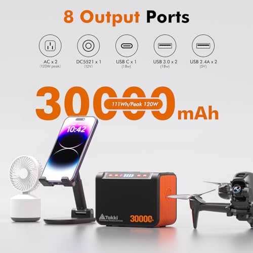 Takki 111Wh Portable Solar Generator Power Station with 21W Foldable Solar Panel, 120W Peak Solar Charger Power Bank with 110V AC DC USB Ports for Camping Emergency Outdoor Home Use - color: Deep Orange