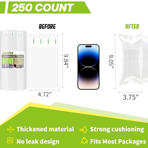 250 Count Packing Air Pillows for Shipping with Pump,Size 4.72" x 9.84" - color: 4.72" x 9.84", size: 250 Count