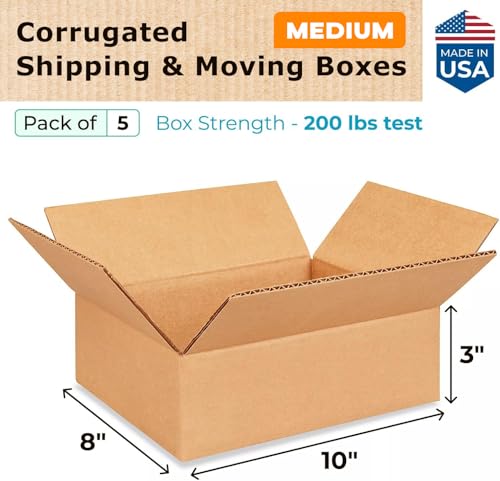 Medium Moving & Shipping Boxes 10 x 8 x 3 inches (5-Pack) - Extra Strength 200 lb vs Regular - Corrugated Packing Boxes - Corrugated Box - Packing Box for Moving Medium Volume by IDL Packaging - size: 10 * 8 * 3" (Medium Boxes)