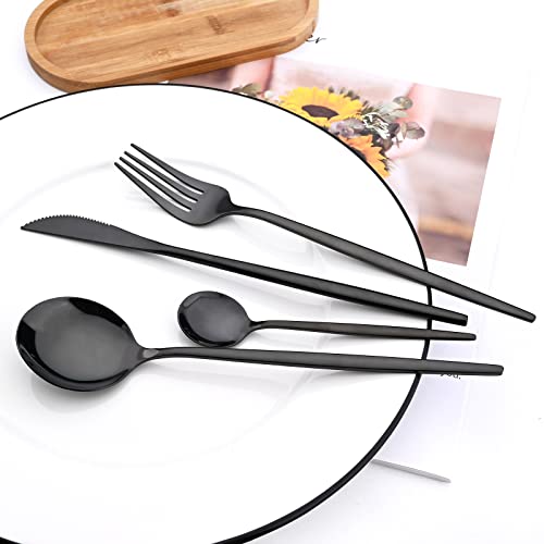 24-Piece Mirror Black Polished Flatware, 18/0 Stainless Steel Dinnerware Set Include Knife Fork Spoon Teaspoon Cutlery Set For Home Restaurant and Party Service For 6, Dishwasher Safe - color: Black