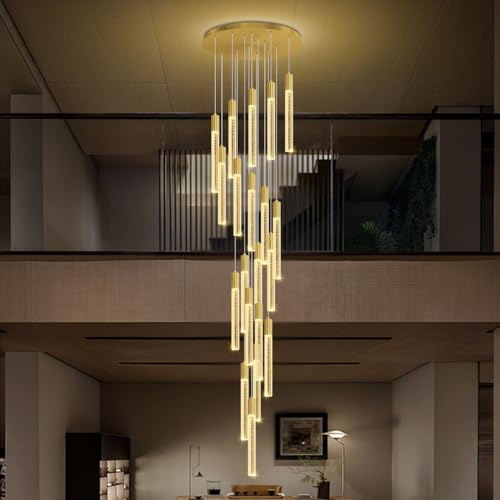 Large 20-Light Gold Crystal Chandelier Modern Dimmable LED Pendant Light Height Adjustable Hanging Fixture for High Ceilings Foyer Staircase Hotel Lobby - color: Gold, size: 20-Light