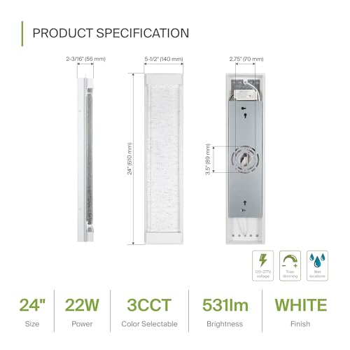 ASD LED 24" Bubble Glass Wall Light Fixture, Outdoor & Indoor Seeded Sconce | 3CCT, Waterproof, Dimmable, Up-Down Glow, ETL Listed | 22W 530LM 3000-5000K 100-277V | Porch Lighting | White, 2 Pack - color: White