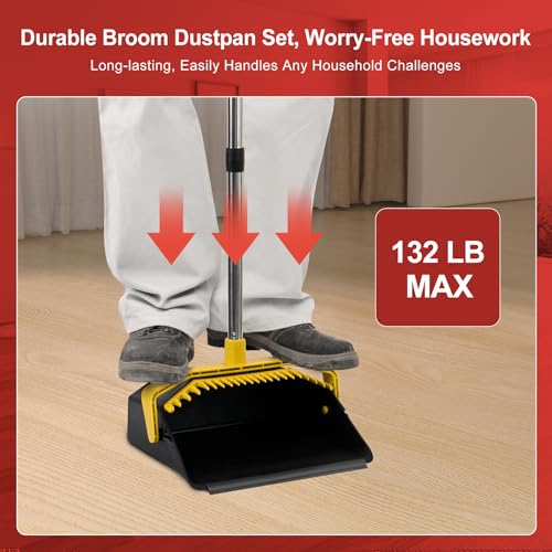 Broom and Dustpan Set for Home, 51" Long Handle Standing Pan Black Yellow - color: Yellow and Black