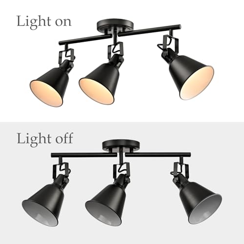 DIRYZON 3-Light Semi-Flush Mount Ceiling Track Lighting Adjustable Round Spotlight in Matte Black Multi-Directional Ceiling Mounted Art Accent Light for Bedroom Hallway Living Room Kitchen - color: Black, size: 3-Light