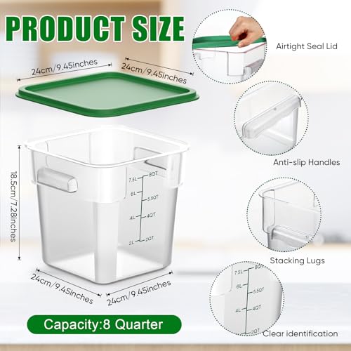 FoldTier 2 Pieces Square Food Storage Containers Polycarbonate Clear Food Container with Lid Commercial Food Storage with Graduations for Commercial Kitchen Dough Marinating Meat(Green, 8 Qt) - color: Green, size: 8 Qt
