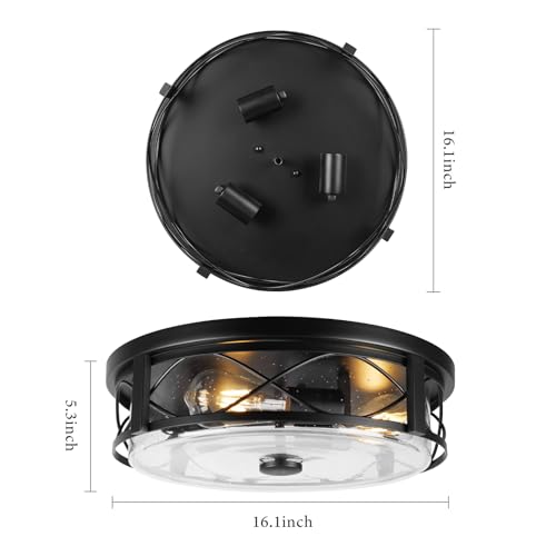 16 Inch Large Flush Mount Ceiling Light with Seeded Glass, 3-Light Black Round Ceiling Lamp, Modern Farmhouse Indoor Outdoor Ceiling Lighting for Kitchen Bedroom Living Dining Room - color: ROS578L FB
