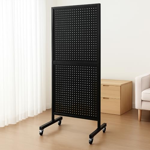 Royxen 5.3 x 1.9 Ft Standing Pegboard Display with T-Base, Locking Wheels and 20 Hooks, Metal Peg Board Display Stand for Craft Shows, Vendors and Retail Stores, Black - color: Black