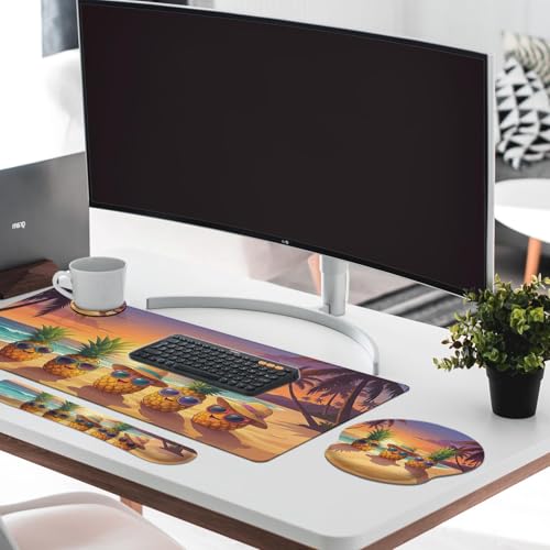 Britimes Keyboard Mouse Pad Set, 4 in 1 Desk Mat Set, Summer Pineapple - color: Summer Pineapple