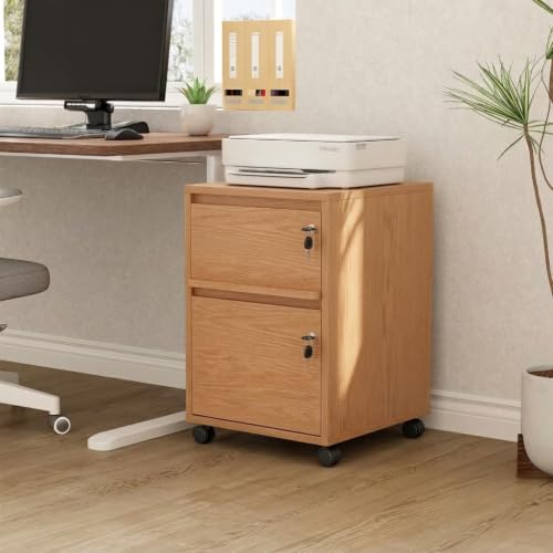 KungFuWood Lockable Mobile File Cabinet with Wheels, 2 Drawer Rolling Filing Cabinet for Legal & Letter Size Files, Space Saving Storage Cupboard for Home Office (Natural) - color: Natural Wood
