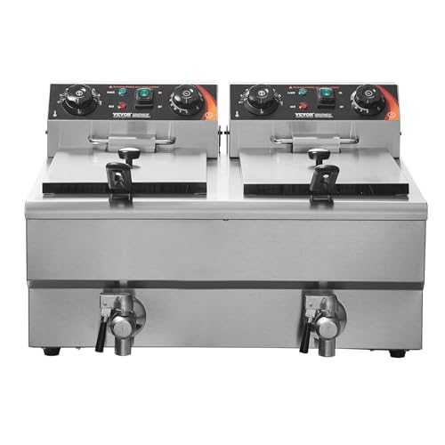 VEVOR Commercial Deep Fryer, Dual Tank 3000W Electric Countertop Fryer with Basket, 2 x 11.6Qt/11L Double Stainless Steel Oil Fryer with Drain, Time & Temp Control, for Kitchen Restaurant Use - size: Double Fryer, style: Upgraded with Timer & Oil Filtrati