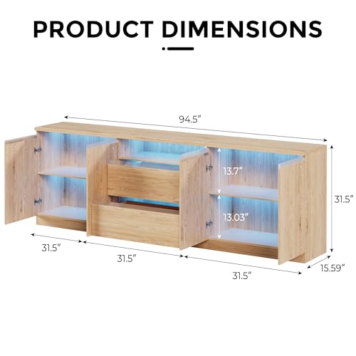 Bobve Modern TV Stand for TVs Up to 100",LED TV Console,Long Entertainment Center with 2 Drawer/2 Cabinets,Universal TV Stand for Living Room,Bedroom,Oak,3 Light Modes - color: Oak