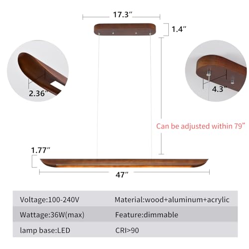 47" Wood Linear Pendant Light Modern Dimmable Kitchen Island Lighting with Remote 36W LED Island Lights Adjustable Linear Chandelier for Dinning Room Light Fixture, Bar, Pool Table Light Walnut Color - color: Walnut, size: 47IN