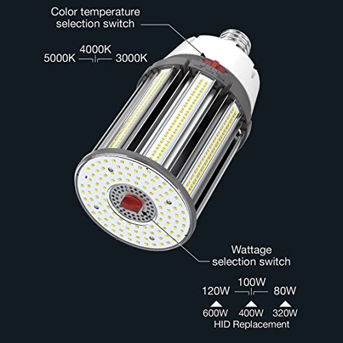Satco S23145 Hi-Pro Wattage and Color Temperature Selectable LED Corncob Lamp, HID Replacement, EX39 Base, 120W/100W/80W, 3000K/4000K/5000K, 1 Count (Pack of 1)