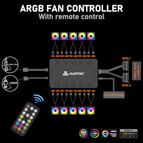 ARGB PWM Fan Hub with RF Remote Controller for PC Build, (Connect Ten Case Fans, 5V 3Pin ARGB & 12V 4Pin PWM Fan Connector, Stable Dual SATA Power Input, Magnetic Suction), Black - color: Black