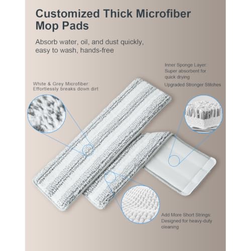 HoMettler 3-Tank Mop and Bucket Set with Separate Dirty & Clean Water, Flat Mop and Bucket System with Wringer, 65" Mops for Floor Cleaning, Safe for Hardwood, Vinyl, Tile, Walls - 8 Washable Pads - color: White-flat Mop With 8 Pads