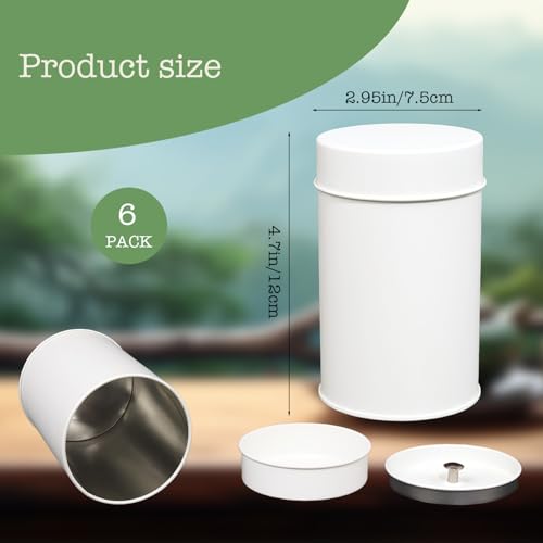 Tea Tin Canister, 6 Pack Round Metal Tea & Coffee Storage Tins with Double Seal Lid, 16 oz Loose Leaf Tea Container, Kitchen Canisters for Sugar, Herbs, Spices, Airtight, 4.7"x3" (White)