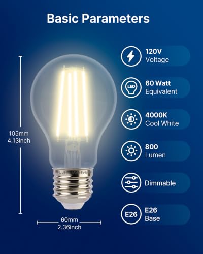 FLSNT 60W Equivalent Dimmable A19 LED Light Bulbs, Efficient 7W, 600Lumens, 2200K Warm White, CRI82, E26 Standard Base, 15000 Hours, LED Filament Light Bulbs, Amber Clear Glass, 8 Pack - color: 60w 4000k Cool White, size: 8 Count (Pack of 1)