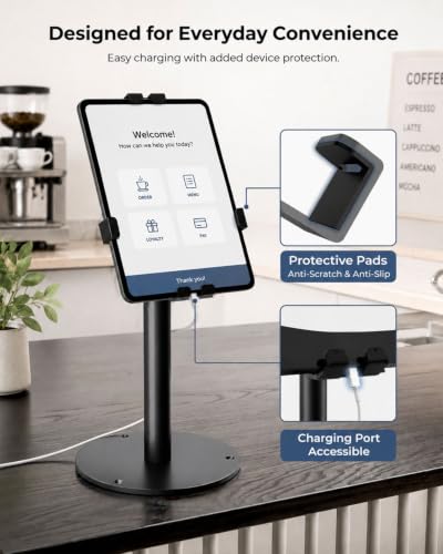 Anti-Theft Kiosk Tablet Stand Metal Tablet Desktop Holder for 7-11" iPad/for Samsung Galaxy Tab/for Kindle with 360° Swivel Locking Clamp Countertop POS Tablet Mount for Desk Black