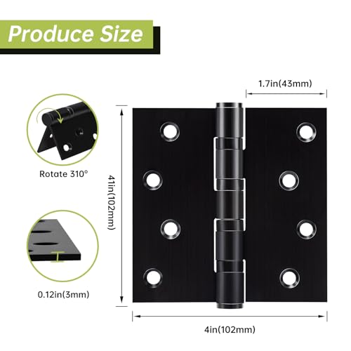 6 Pack Black Door Hinges 4 x 4 Inches, Heavy Duty Stainless Steel Ball Bearing Hinges with Screws, Square Corner, Smooth and Quiet - size: 4x4inch - 6 Pack