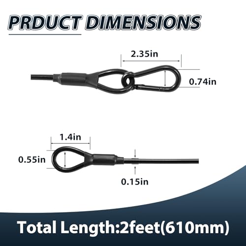 10-Pack Safety Security Cables for DJ Stage Lighting, 2ft Stainless Steel Cable with 5/32" Diameter, Black Ropes with Loops and Carabiner for Safe Attachment - size: 5/32"+2ft+10pcs