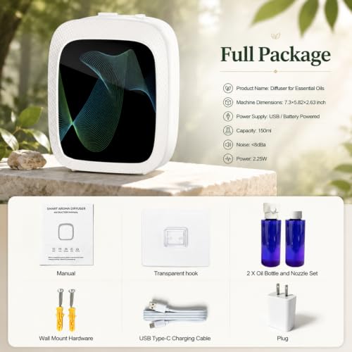 Waterless Essential Oil Diffuser, Cold Air Scent Diffuser Machine for Home & Office, Bluetooth App & Manual Control, USB-C or D Battery Powered, Wall Mount or Tabletop, White - color: White