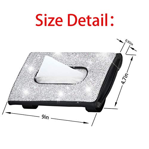 Bling Car Sun Visor Tissue Box Holder, Rhinestone PU Leather Crystal Sparkling Napkin Holder, Backseat Paper Towel Cover Case Car Accessories for Women (White) - color: White