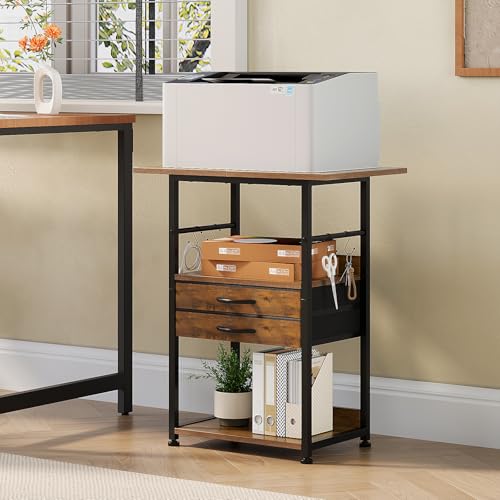 VENNQD Large Printer Stand with Storage Fabric Drawer Under Desk Printer Table with Wheels for Home Office, Printer Cart fit Fax Machine Scanner (Rustic Brown, 3 Tiers) - color: Rustic Brown, size: 3 Tiers