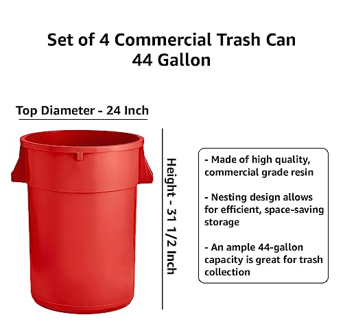 Set of 4 Round Commercial Trash Can 44 Gallon, Industrial Recycling Bin, Durable Garbage Can, Safe Food Container, Ingredient Bin (Red) - color: Red
