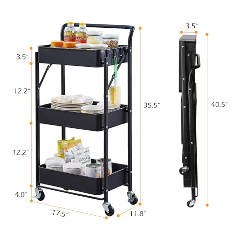 BEEY Foldable Metal Storage Cart Rolling Baskets with Wheels, No Assembly, Metal Wire Market Basket Storage Organizer Stackable Storage Bins for Kitchen,Pantry,Bedroom (Black, 3 Tier-3665) - color: Black, size: 3 Tier-3665