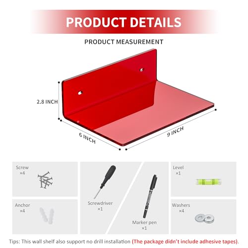 Sezanrpt 9 Inch Red Acrylic Small Wall Shelf, Home Wall Display Ledges for Storage, Room Décor, Space Saving, Items Organizer, 2 Pack - color: Red, size: 9 Inch