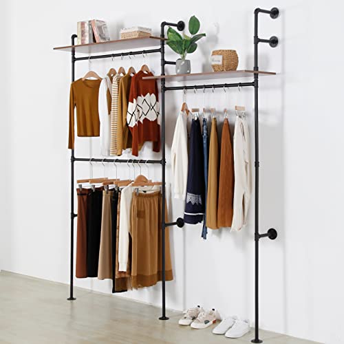 Industrial Pipe Clothing Rack with 2 Shelves, Clothes Rack Wall Mounted Heavy Duty Clothing Store Display Stands Garment Rack Closet System(Black, 96.5x80.7inch) - style: 3-Hanging with shelf Black