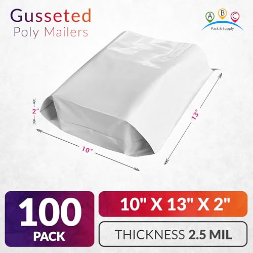 ABC PACK & SUPPLY Gusseted Poly Mailers, 10 x 13 x 2 Inch, 2.5 Mil White Shipping Bags for Clothing, Self Seal Plastic Mailing Envelopes, Pack of 100 - size: 10" x 13" x 2" / 100 Pack