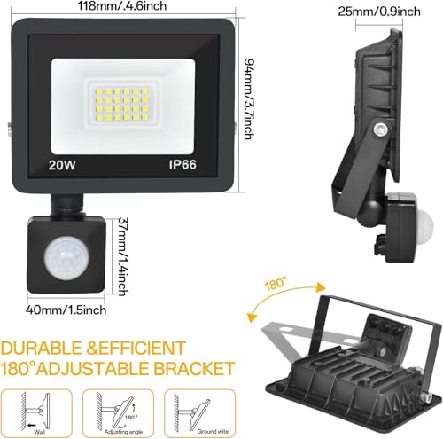Motion Sensor Outdoor Lights, Plug in Flood Lights Outdoor Motion Sensor,20W Dusk to Dawn Outdoor Lighting 6000K Waterproof,Adjustable Wall Security Lights for Garage, Porch, Yard (2 Pcs) - color: 2Pcs, size: Upgraded 20W