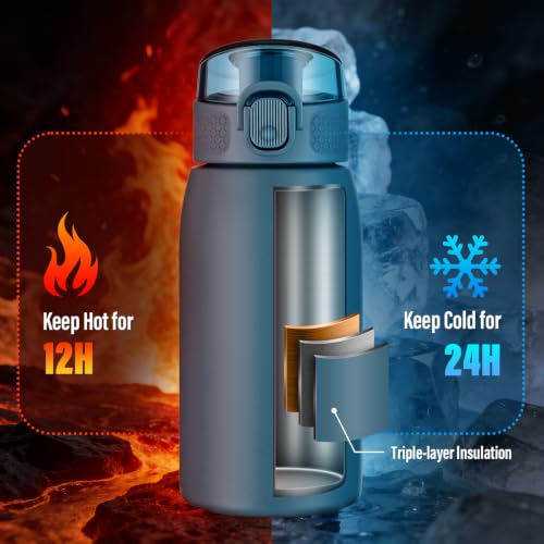 Insulated Water Bottle 12 oz with Dustproof Lid, Carry Handle & Tea Infuser, BPA-Free & Leakproof, Stainless Steel Water Bottles Ideal for Fitness, Hiking, Office & Outdoor Use (Navy Blue ) - color: Navy Blue, size: 12 Ounces