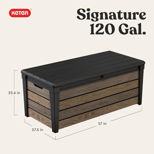 Keter Signature Collection 120 Gallon Resin Deck Box Organization and Storage Box for Patio Outdoor Cushions, Throw Pillows, Garden Tools and Pool Supplies, Walnut - color: Walnut, size: 120 Gallon