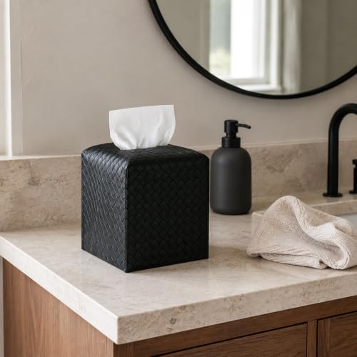 Tissue Box Cover PU Leather Tissue Holder Square Facial Tissue Case Facial Paper Organizer Dispenser for Bathroom, Vanity Countertop, Tabletop, Car, Black - color: Black, size: square