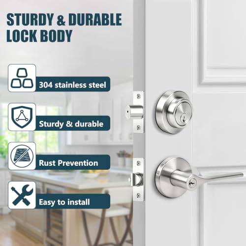 Keyed Alike Front Door Handle and Deadbolt Set, Exterior Door Lock Set with Deadbolt, Heavy Duty Round Door Knob and Deadbolt Lock for Front Doors, Satin Nickel, 3 Pack - size: 3 Pack