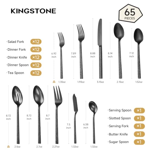 65 Pcs Black Hammered Silverware Set with Serving Utensils for 12 - color: Black, size: 65-Piece