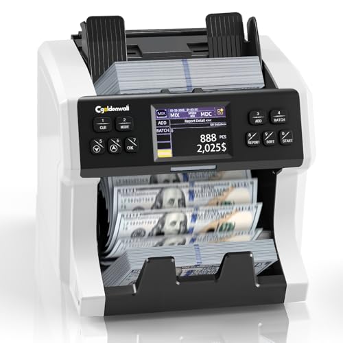 CGOLDENWALL Money Counter Machine Mixed Denomination,Bank Grade Cash Counter 2CIS/UV/IR/MG Counterfeit Detection,Serial Number,MUL Currency Value Counting, Sort&Printer Compatible Bill Counter,1500N/M