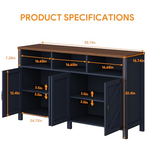knoworld Buffet Sideboard with Storage Farmhouse, Large Kitchen Storage Cabinet Wood Coffee Bar Cabine Buffet for Kitchen, Living Room, 55in, Blue - color: Blue, size: 55"W