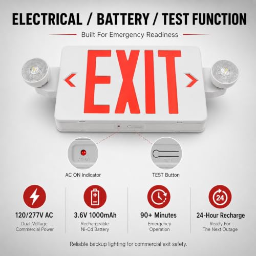 LED Exit Sign Combo with Emergency Lights, Battery Backup, Hardwired - size: 4 Pack