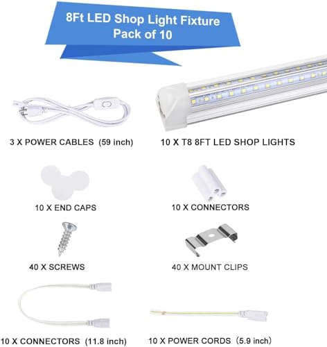 Henwsi 8FT LED Shop Light Fixture, White 10 Pack T8 Integrated Tube Lights, 72W 9500LM 6500K High Output Clear Cover, V Shape 270 Degree Lighting for Garage Warehouse, Upgraded Lights Plug and Play
