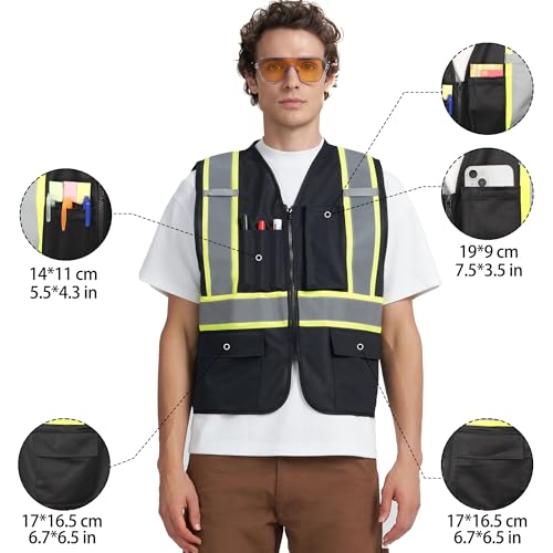 A-KSAFETY High Visibility Safety Vest for Men Women with Pockets and Zipper - color: Black, size: Medium