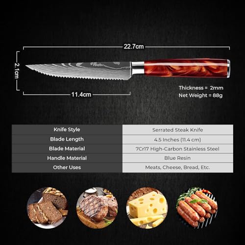 SENKEN Professional 6-Piece Steak Knife Set with Engraved Damascus Pattern, Razor Sharp Blade, High Carbon Steel with Gift Box (Red) - color: Crimson Red