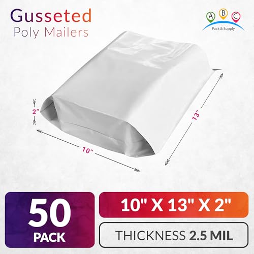 ABC PACK & SUPPLY Gusseted Poly Mailers, 10 x 13 x 2 Inch, 2.5 Mil White Shipping Bags for Clothing, Self Seal Plastic Mailing Envelopes, Pack of 50 - size: 10" x 13" x 2" / 50 Pack