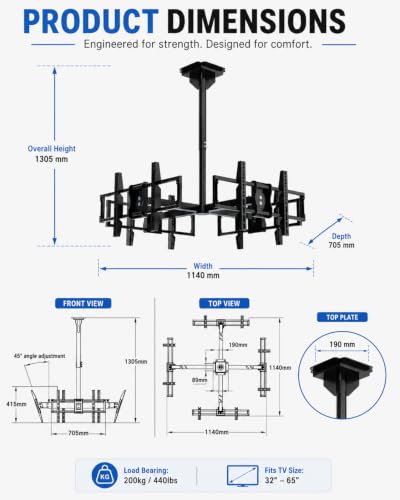 4 TV Ceiling Mount for 32 to 65 inch Screens, Holds 440 lbs