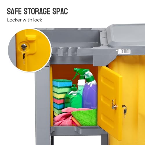 TUFFIOM Multifunctional Janitorial Cart with Key-Locking Cabinet,Cleaning Carts on Wheels,with 15 Gallon Collection Bag,500 lbs Capacity, Yellow&Gray - color: Gray