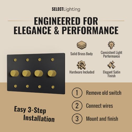 SELECT 4 Gang Solid Brass Rotary Dimmer Switch, 3-Way & 1-Way Compatible - color: Black with Brass, size: 4 Gang, style: 1/3-Way Dimmer