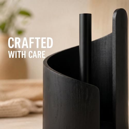 Paper Towel Holder Countertop with Wood Round Base and Iron Holder,Holds Mega Roll,Holder Stand for Kitchen Roll Organize,Wooden Paper Towel Holder for Kitchen Dining Table Home Decor - color: Black